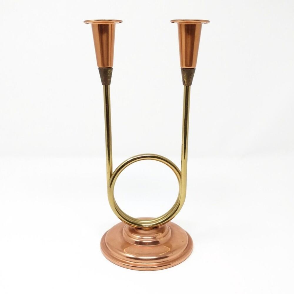 Copper & Brass Twin Sculptural Taper Candle Holder